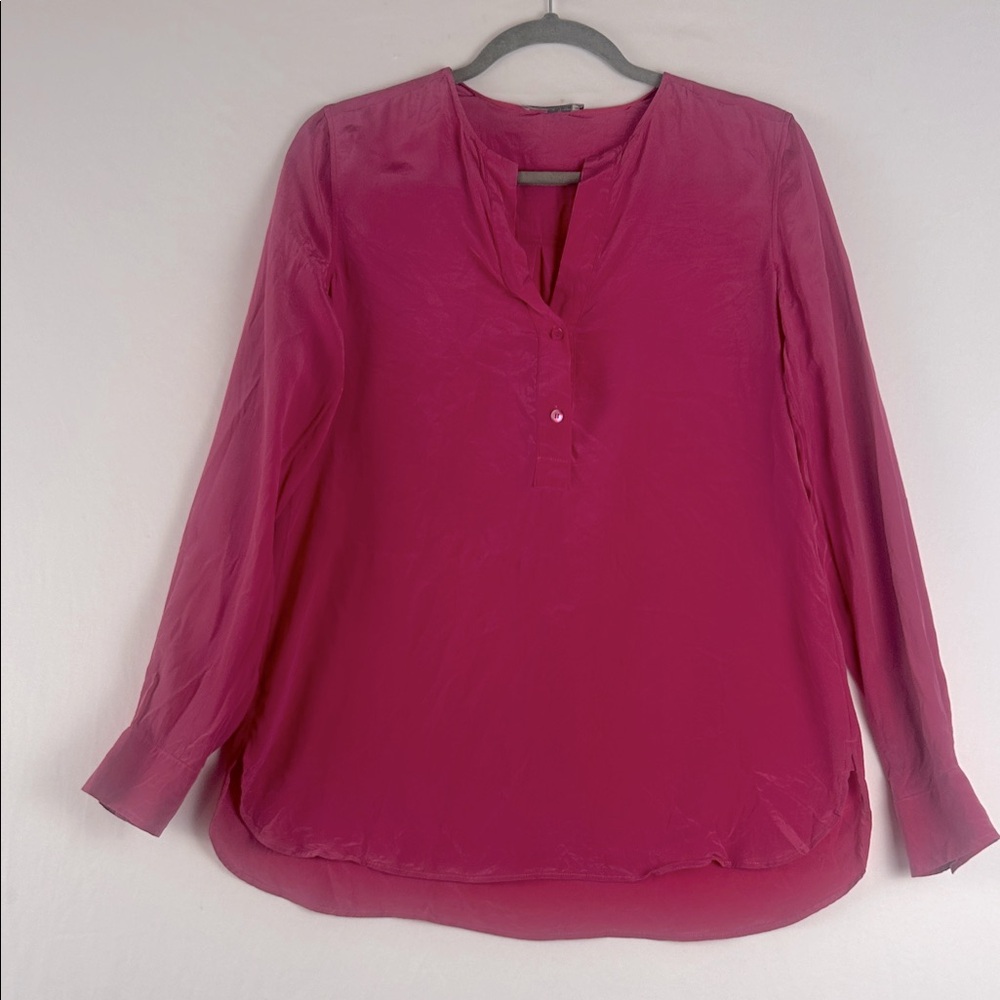 Vince 100% Silk Long Sleeve Band Collar Fuschia Pink Blouse Women’s Size 6